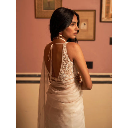 Zoon An Ivory Embroidered- Sequined Saree with Stitched Blouse