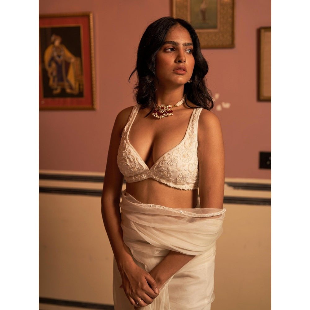 Zoon An Ivory Embroidered- Sequined Saree with Stitched Blouse