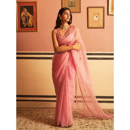 Zoon An Pink Embroidered- Sequined Organza Saree with Stitched Blouse