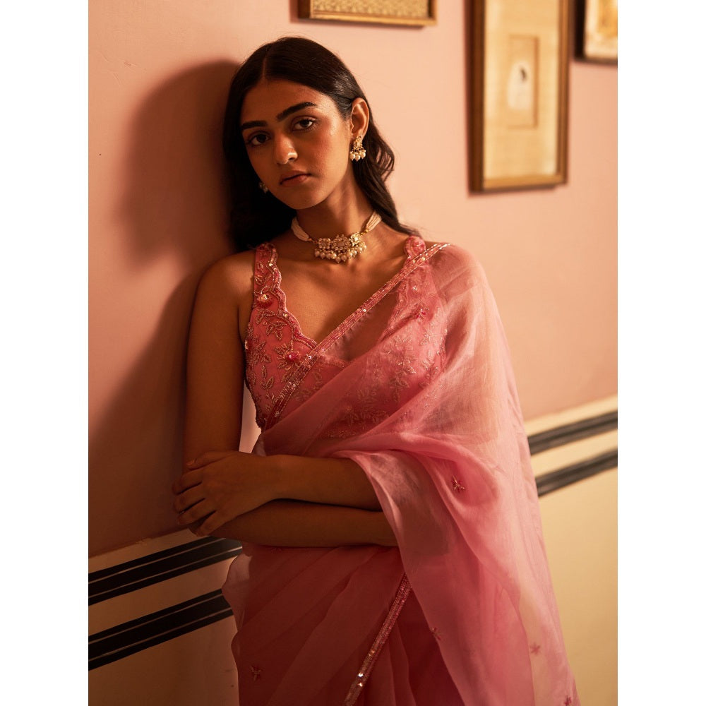 Zoon An Pink Embroidered- Sequined Organza Saree with Stitched Blouse