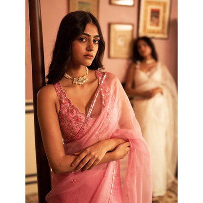 Zoon An Pink Embroidered- Sequined Organza Saree with Stitched Blouse