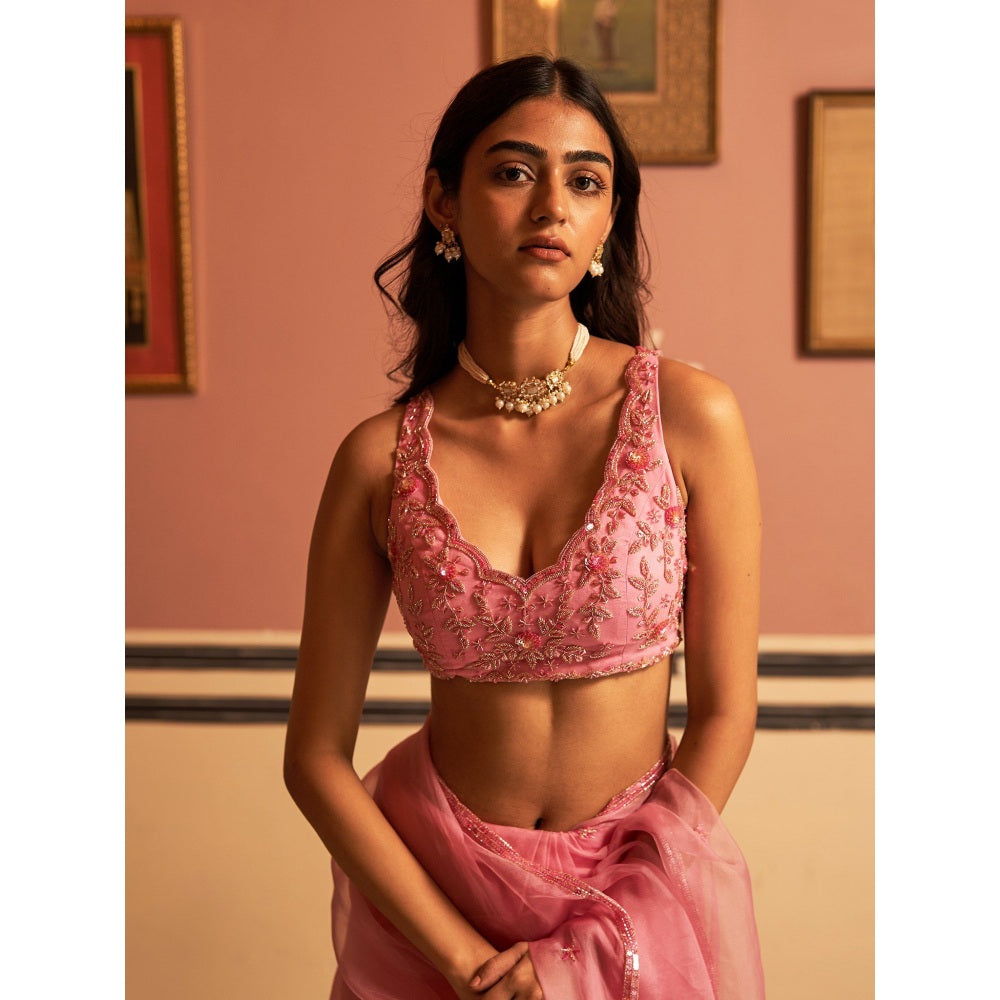 Zoon An Pink Embroidered- Sequined Organza Saree with Stitched Blouse