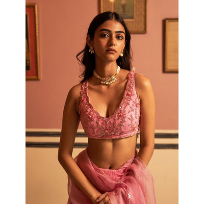 Zoon An Pink Embroidered- Sequined Organza Saree with Stitched Blouse