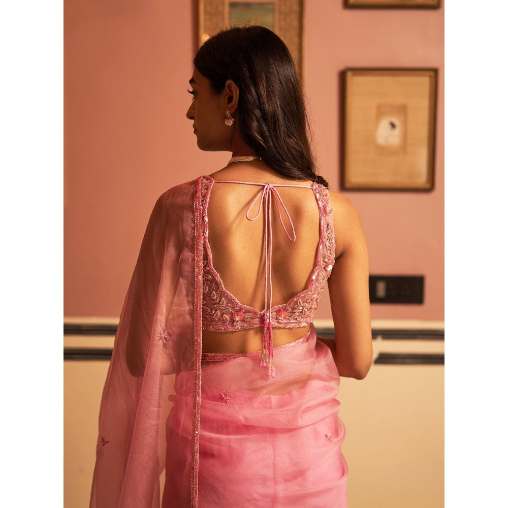 Zoon An Pink Embroidered- Sequined Organza Saree with Stitched Blouse