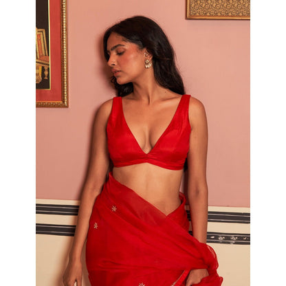 Zoon An Red Embroidered- Sequined Organza Saree with Stitched Blouse