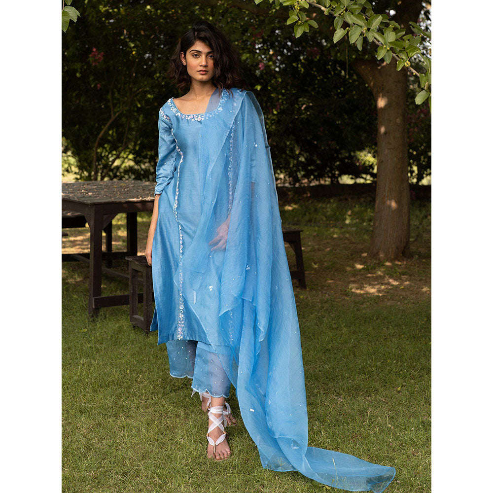 Zoon Blue Embroidered- Sequined Kurta with Pant and A Pure Organza Silk Dupatta (Set of 3)