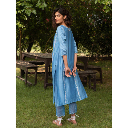 Zoon Blue Embroidered- Sequined Kurta with Pant and A Pure Organza Silk Dupatta (Set of 3)