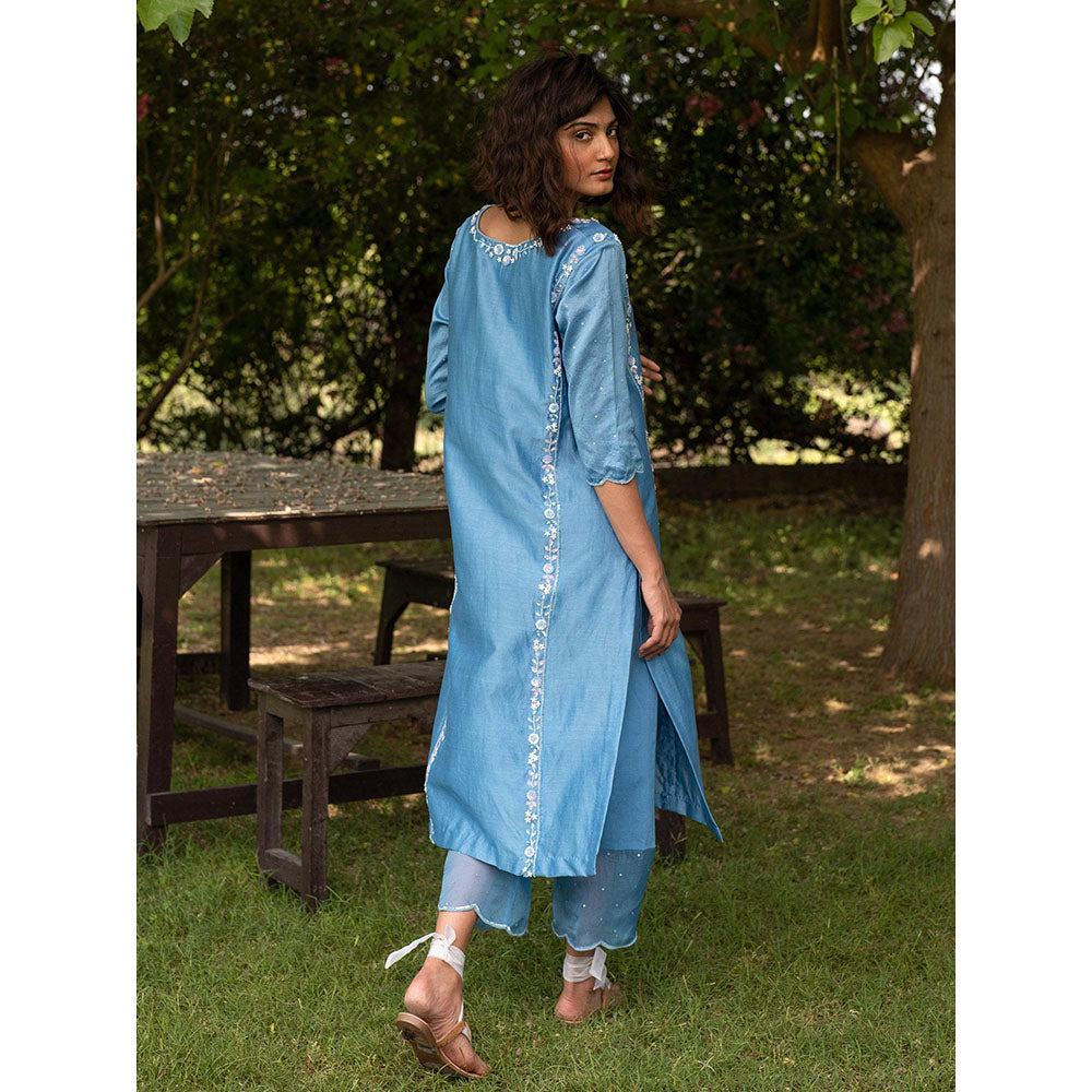 Zoon Blue Embroidered- Sequined Kurta with Pant and A Pure Organza Silk Dupatta (Set of 3)
