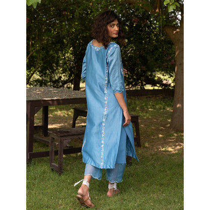 Zoon Blue Embroidered- Sequined Kurta with Pant and A Pure Organza Silk Dupatta (Set of 3)