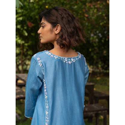 Zoon Blue Embroidered- Sequined Kurta with Pant and A Pure Organza Silk Dupatta (Set of 3)