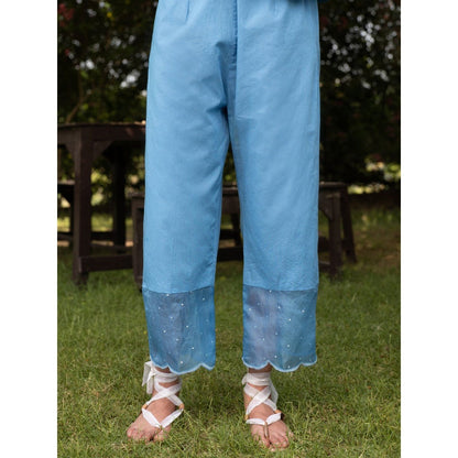 Zoon Blue Embroidered- Sequined Kurta with Pant and A Pure Organza Silk Dupatta (Set of 3)