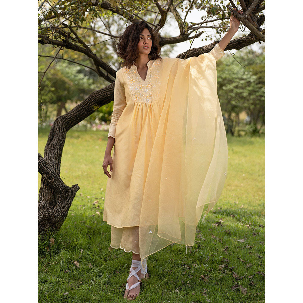 Zoon Yellow Embroidered-Sequined Kurta with Pant and Dupatta (Set of 3)