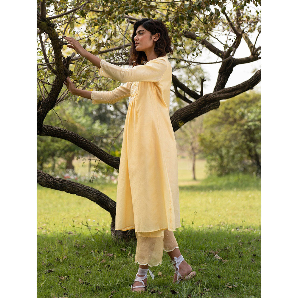 Zoon Yellow Embroidered-Sequined Kurta with Pant and Dupatta (Set of 3)