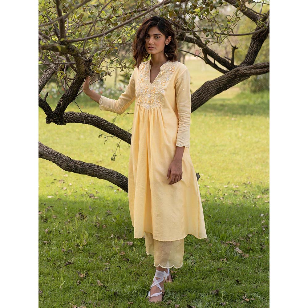 Zoon Yellow Embroidered-Sequined Kurta with Pant and Dupatta (Set of 3)