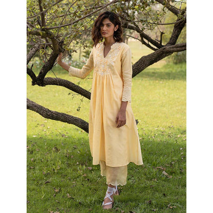 Zoon Yellow Embroidered-Sequined Kurta with Pant and Dupatta (Set of 3)