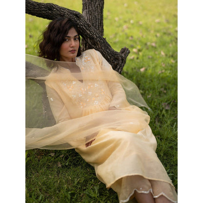 Zoon Yellow Embroidered-Sequined Kurta with Pant and Dupatta (Set of 3)