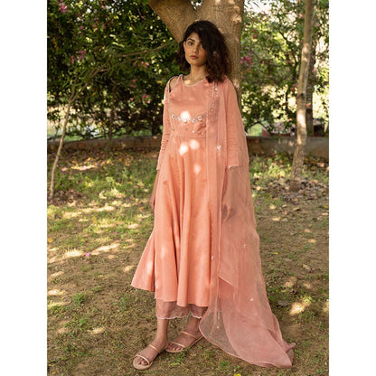 Zoon Peach Embroidered-Sequined Anarkali Kurta with Pant and Dupatta (Set of 3)