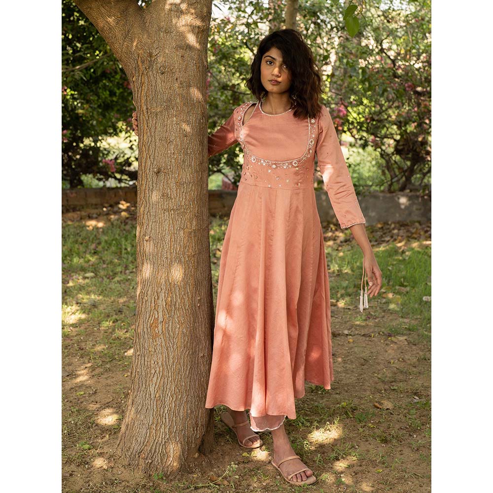 Zoon Peach Embroidered-Sequined Anarkali Kurta with Pant and Dupatta (Set of 3)