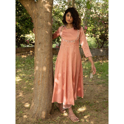 Zoon Peach Embroidered-Sequined Anarkali Kurta with Pant and Dupatta (Set of 3)