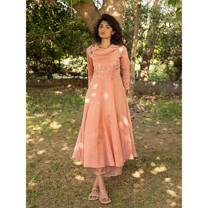 Zoon Peach Embroidered-Sequined Anarkali Kurta with Pant and Dupatta (Set of 3)