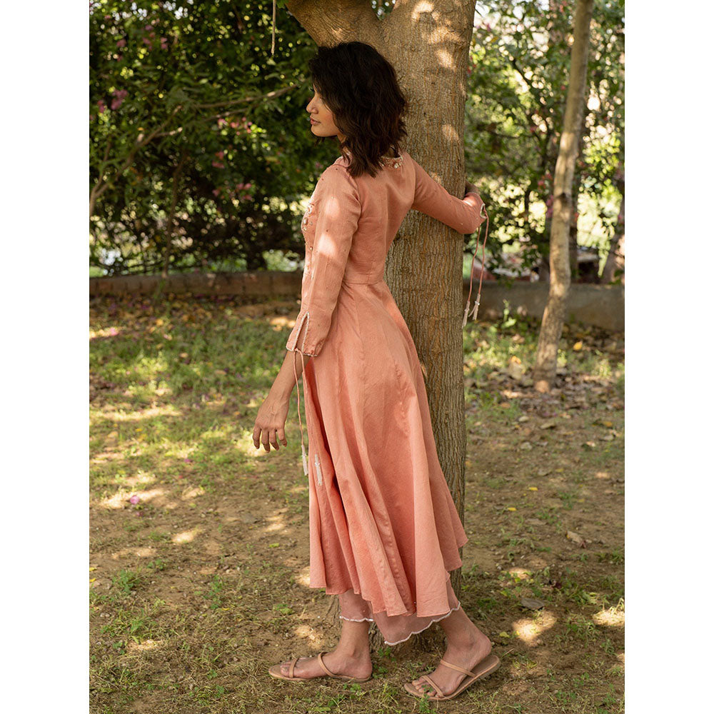 Zoon Peach Embroidered-Sequined Anarkali Kurta with Pant and Dupatta (Set of 3)