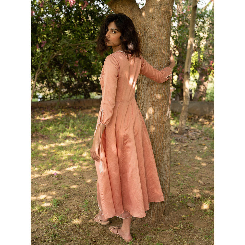 Zoon Peach Embroidered-Sequined Anarkali Kurta with Pant and Dupatta (Set of 3)