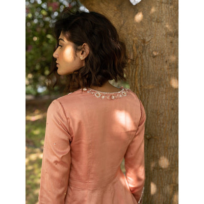 Zoon Peach Embroidered-Sequined Anarkali Kurta with Pant and Dupatta (Set of 3)
