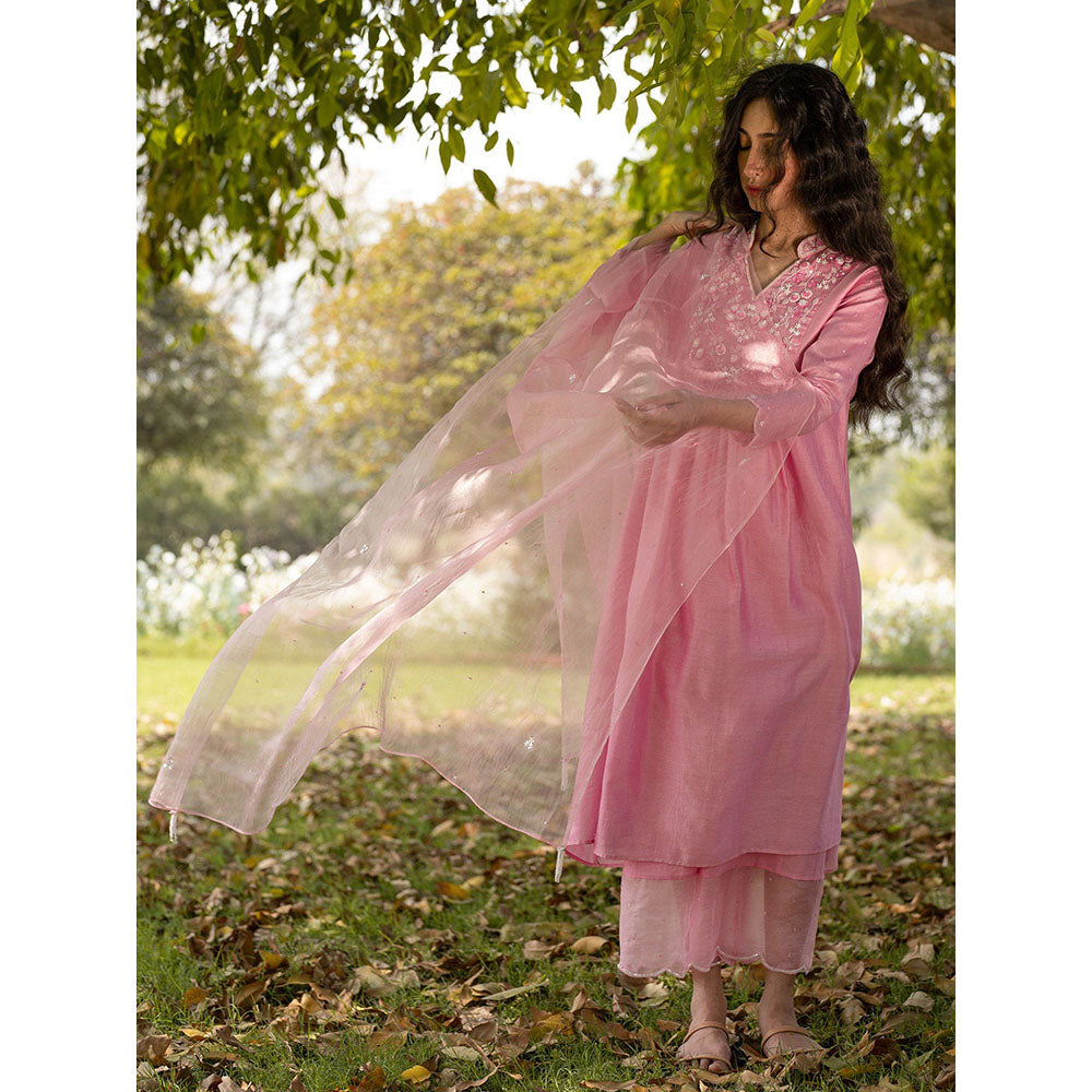 Zoon Pink Embroidered-Sequined Kurta with Pant and Dupatta (Set of 3)