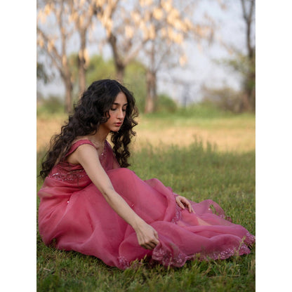 Zoon An Rose Pink Embroidered-Embellished Saree with Stitched Blouse