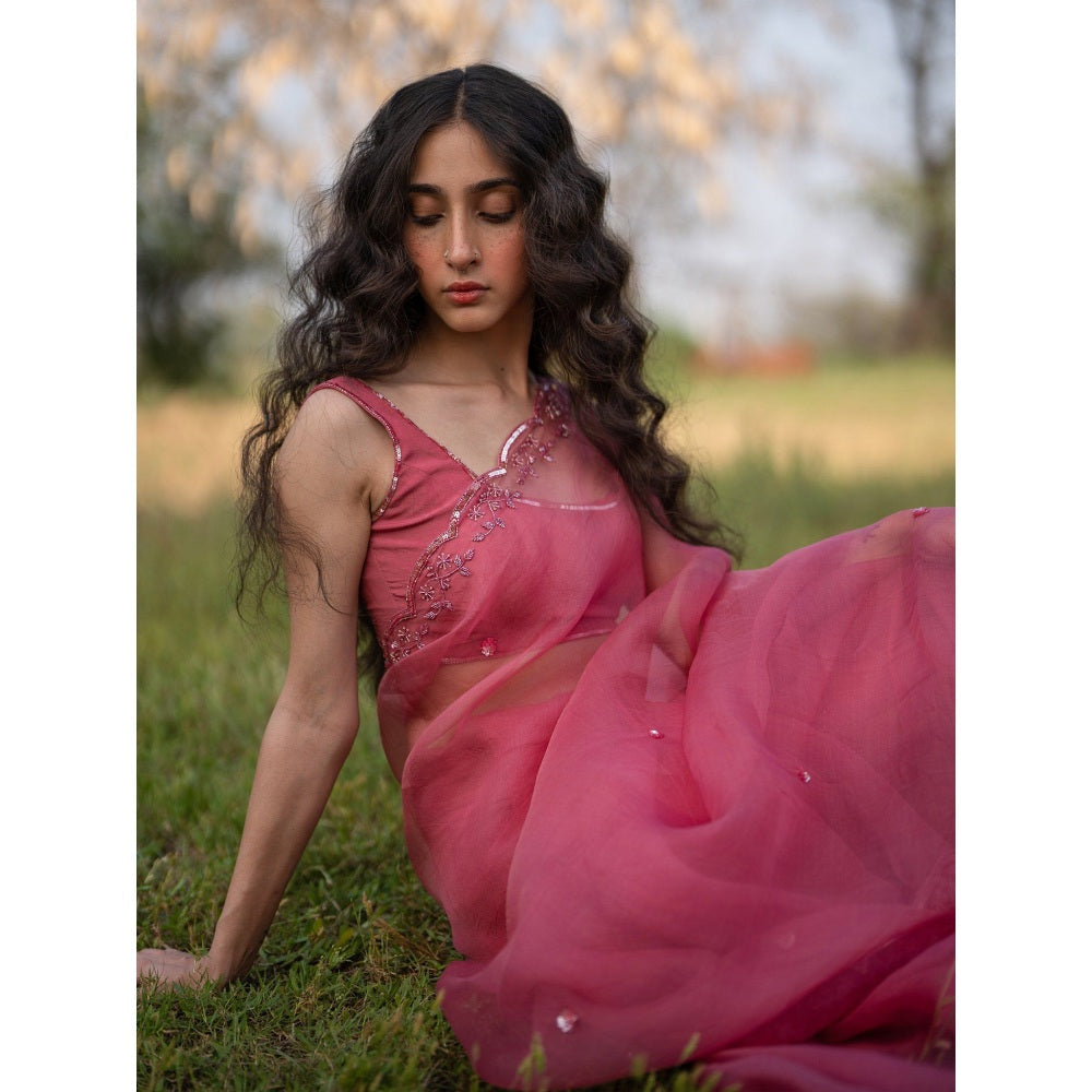 Zoon An Rose Pink Embroidered-Embellished Saree with Stitched Blouse