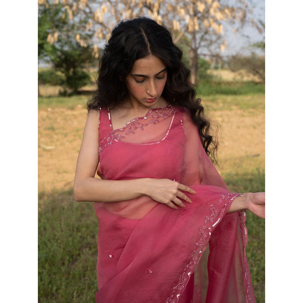 Zoon An Rose Pink Embroidered-Embellished Saree with Stitched Blouse