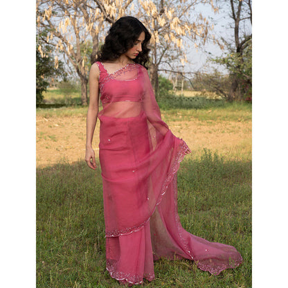 Zoon An Rose Pink Embroidered-Embellished Saree with Stitched Blouse