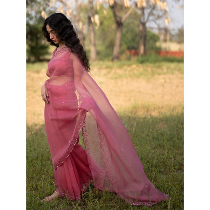 Zoon An Rose Pink Embroidered-Embellished Saree with Stitched Blouse