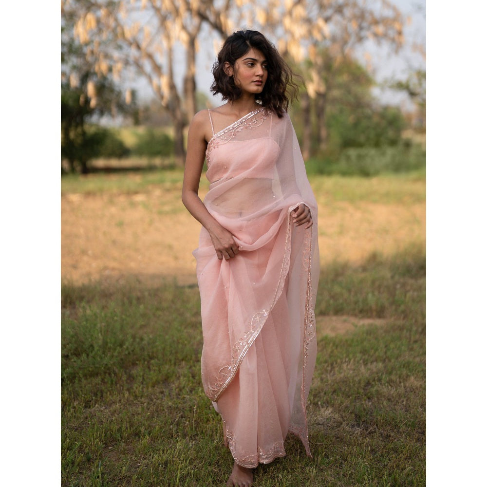 Zoon Peach Embroidered-Embellished Saree with Stitched Blouse