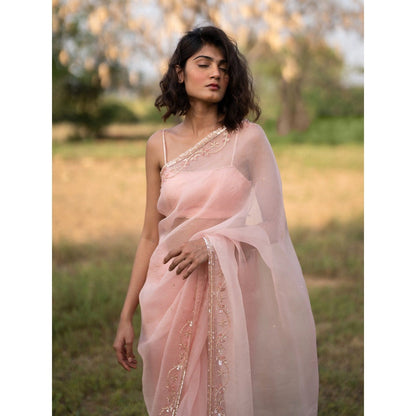 Zoon Peach Embroidered-Embellished Saree with Stitched Blouse