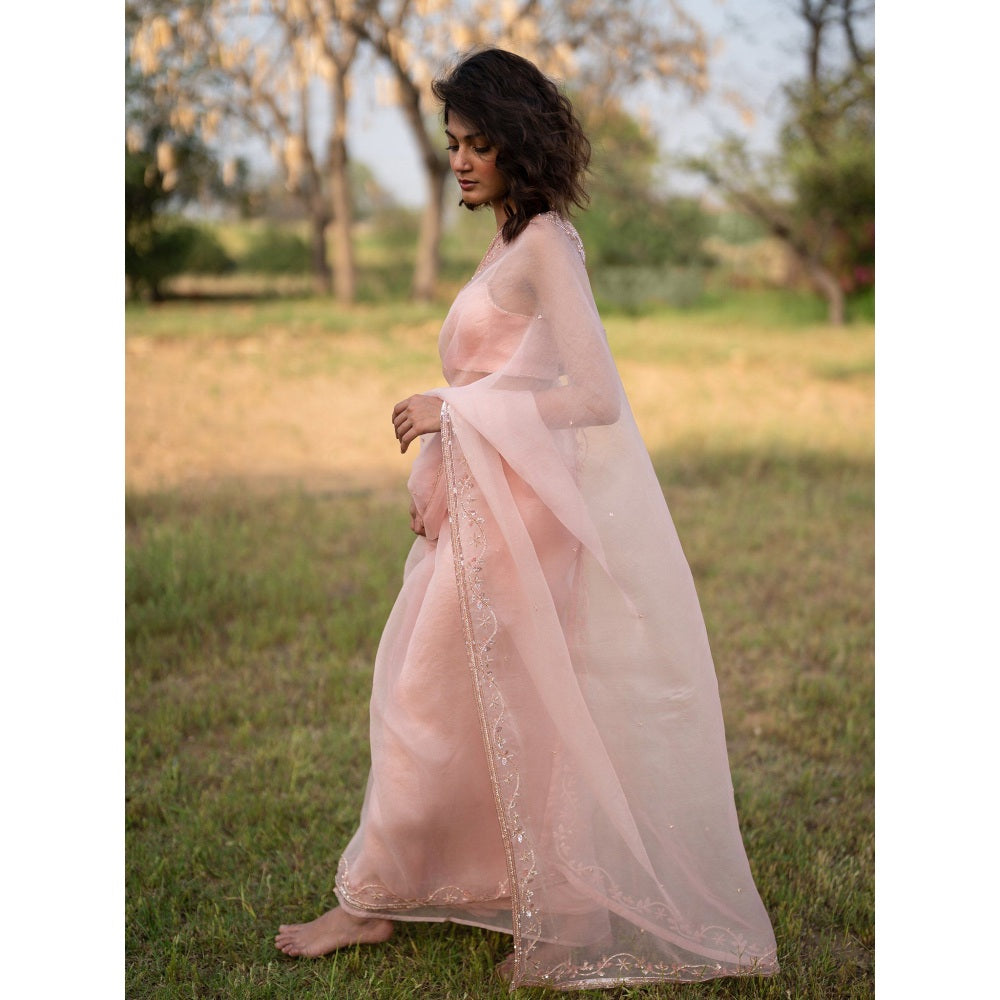 Zoon Peach Embroidered-Embellished Saree with Stitched Blouse