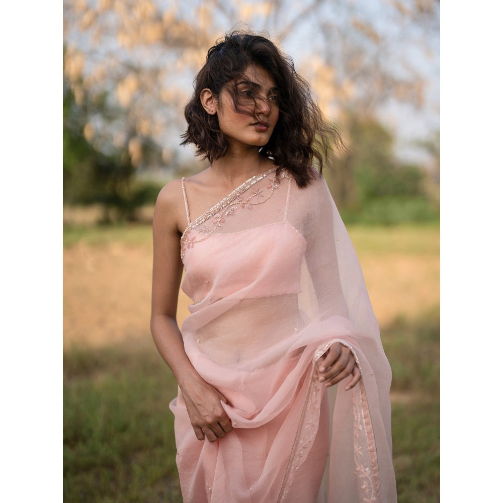 Zoon Peach Embroidered-Embellished Saree with Stitched Blouse