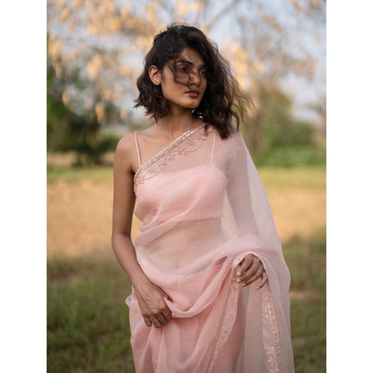 Zoon Peach Embroidered-Embellished Saree with Stitched Blouse