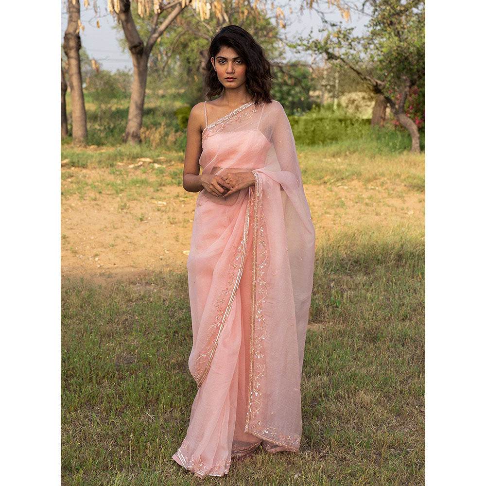 Zoon Peach Embroidered-Embellished Saree with Stitched Blouse