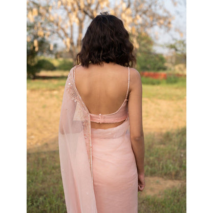 Zoon Peach Embroidered-Embellished Saree with Stitched Blouse