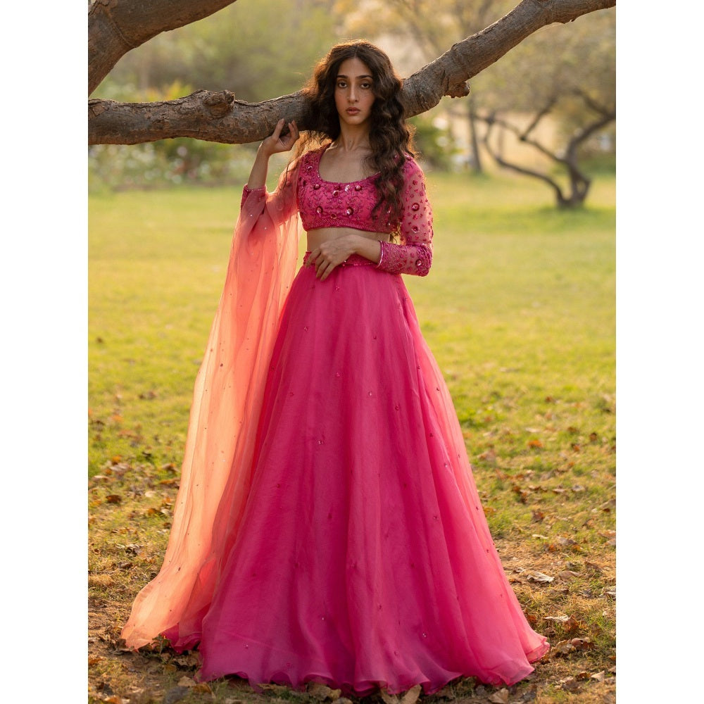 Zoon A Hot Pink Embroidered- Sequined Lehenga with Blouse and Dupatta (Set of 3)