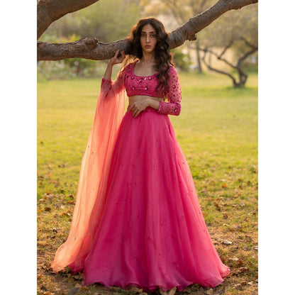 Zoon A Hot Pink Embroidered- Sequined Lehenga with Blouse and Dupatta (Set of 3)