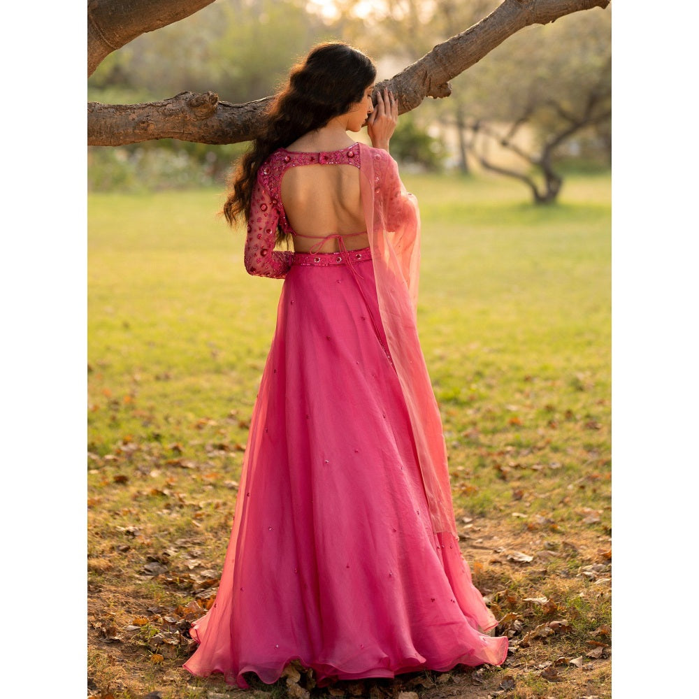 Zoon A Hot Pink Embroidered- Sequined Lehenga with Blouse and Dupatta (Set of 3)