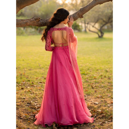 Zoon A Hot Pink Embroidered- Sequined Lehenga with Blouse and Dupatta (Set of 3)