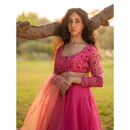 Zoon A Hot Pink Embroidered- Sequined Lehenga with Blouse and Dupatta (Set of 3)