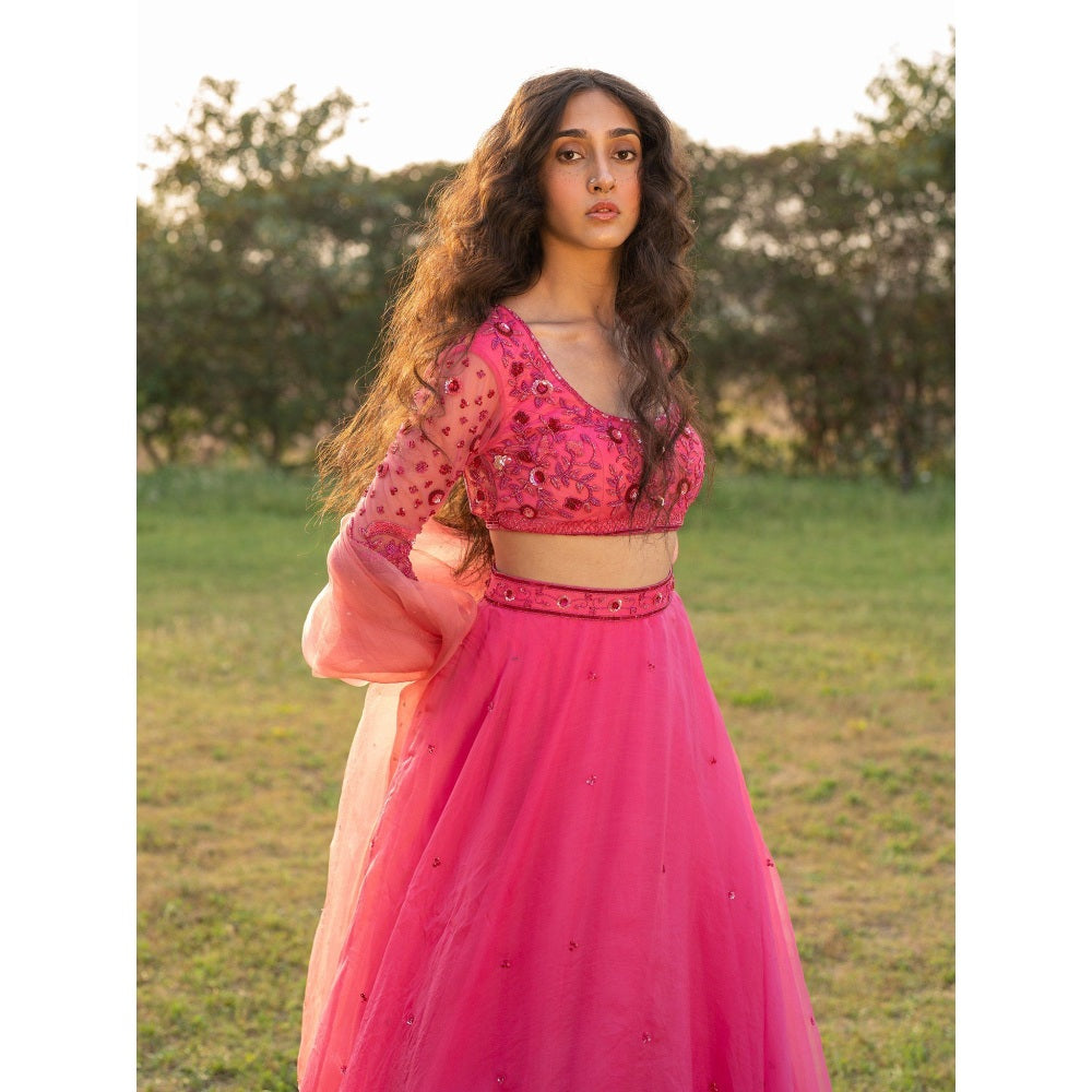 Zoon A Hot Pink Embroidered- Sequined Lehenga with Blouse and Dupatta (Set of 3)