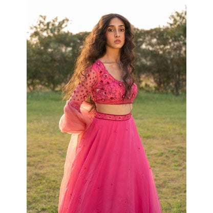 Zoon A Hot Pink Embroidered- Sequined Lehenga with Blouse and Dupatta (Set of 3)