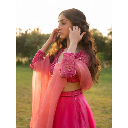 Zoon A Hot Pink Embroidered- Sequined Lehenga with Blouse and Dupatta (Set of 3)