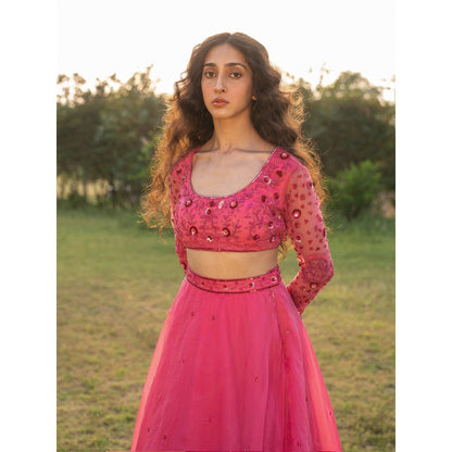 Zoon A Hot Pink Embroidered- Sequined Lehenga with Blouse and Dupatta (Set of 3)