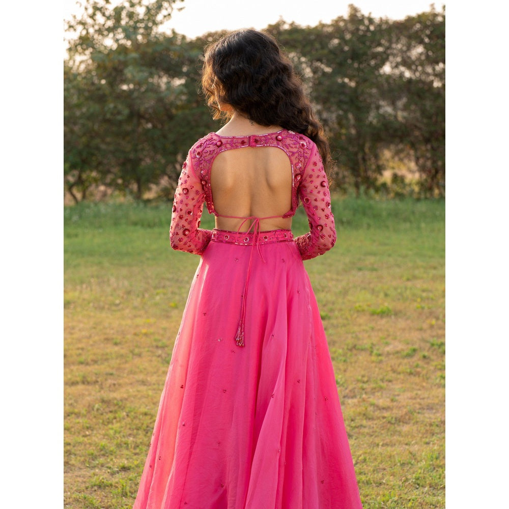 Zoon A Hot Pink Embroidered- Sequined Lehenga with Blouse and Dupatta (Set of 3)